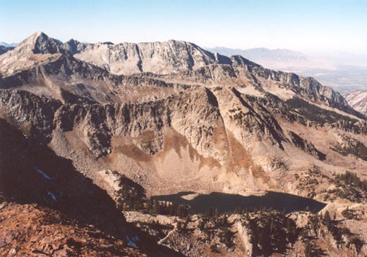 View west from false peak of White Pine Lake, Pfeifferhorn, Thunder Mountain