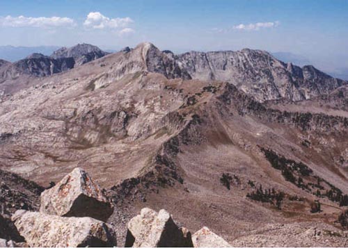 From summit looking west towards Lone Peak, Pfeifferhorn, Thunder Mountain