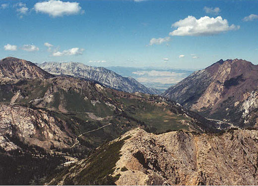 View west down Little Cottonwood Canyon from summit of Mt. Wolverine